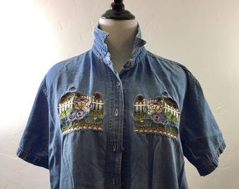 Vintage Denim, Jean Shirt, Bear Shirt, Bear Blouse, Grandma Style, Ironic 90s, 90s Clothing, Button Down, Cheesy Shirt, Cute Bear Shirt,