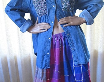 on sale 90s Denim Shirt Floral Snap Shirt Gitano 1990s Jean Shirt Oversized Slouchy Bohemian Clothing Vintage