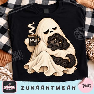 Grumpy Ghost Dog Coffee PNG, Funny Meh Halloween PNG, Black Dog Ghost Graphic, Spooky Dog Sublimation, Cute Fall Ghost Design