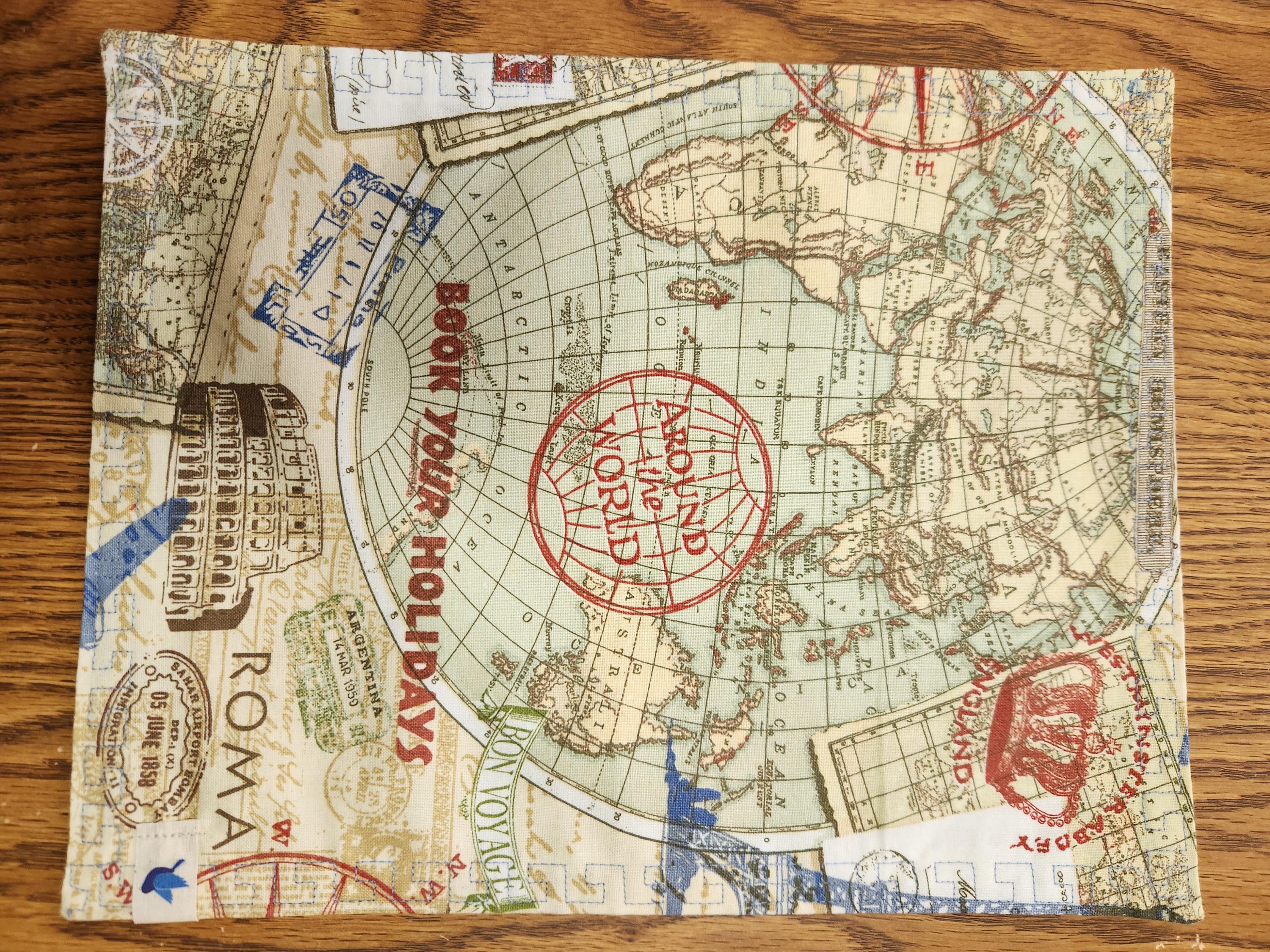Handkerchief- handmade, travel, map, cotton print, decorative stitched edges, coordinating print on back