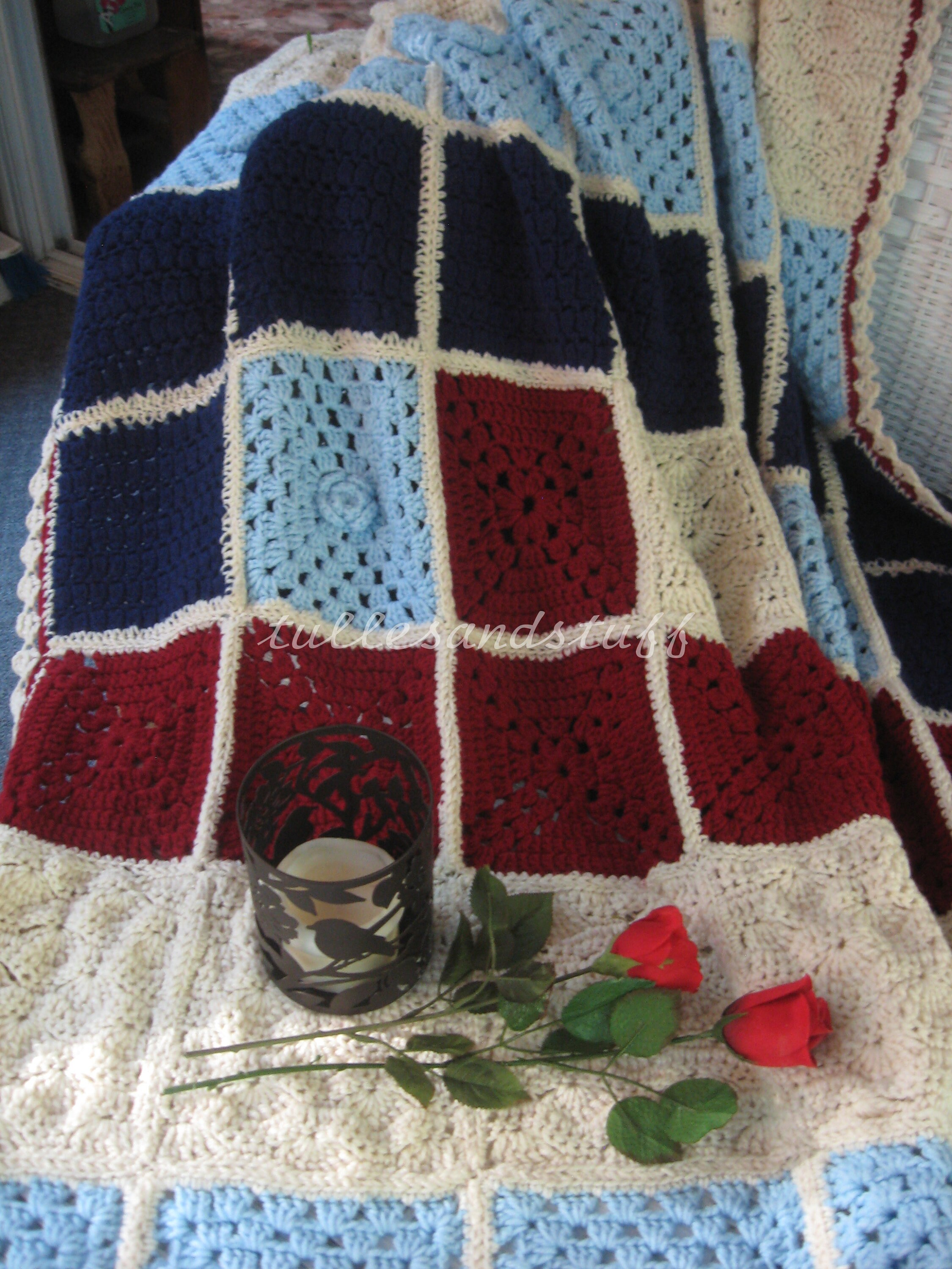 Large Afghan Hand Crochet Blanket, Size 69 Wide, 75 Long