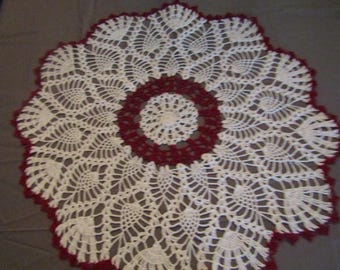Hand Crochet Doily, Pineapple Fan Design with Red Accents (24" Across)