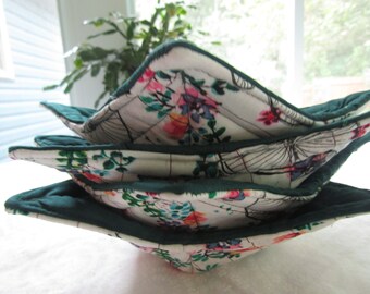 Microwave Bowl Cozy Set, Floral Bike Print, Handmade Cotton Cozies