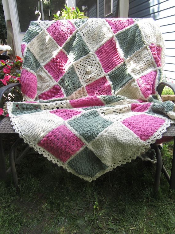 Unique Hand Crochet Afghan.  Size 69" Wide, 75" Long