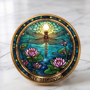 May include: A circular decorative plaque featuring a stained glass style design of a dragonfly hovering over a pond with pink lotus flowers and green lily pads. A bright sun shines above the dragonfly. The text NEW BEGINNING is at the bottom.