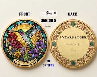 Personalized Sobriety Coin, Recovery Milestone Keepsake, Hummingbird and Wildflowers Token (10 Designs)