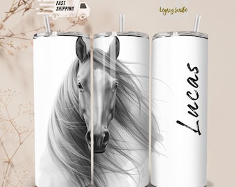 Personalized Horse Tumbler, Custom Name 20oz Skinny Cup, Equestrian Gift for Women, Horse Lover