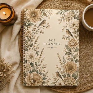 May include: A spiral-bound 2027 planner with a cream-colored cover featuring a botanical illustration of brown and green flowers, foliage, and three small birds. The text 2027 PLANNER is printed in the center with a small decorative floral icon below.