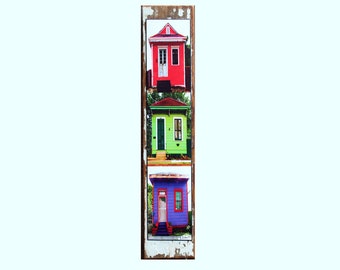 New Orleans Art, Photography, Salvage Wood, Shotgun Houses, Red, Green, Purple, Vertical Wall Hanger, Colorful, Gift under 90