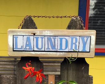 Laundry Sign, New Orleans, Street Tile Sign, Salvage Wood, Street Tile Font, Functional Sign, Gift under 40, Housewarming