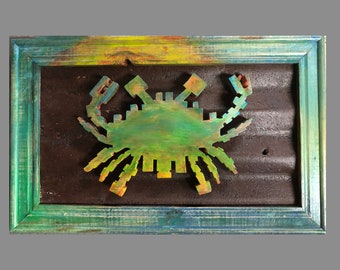 Hand Carved Crab Wall Art: Salvaged Wood & Vintage Tin