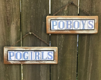 New Orleans, Po Boy Festival, Street Tile Sign, Restroom Sign, Po Boy, Po Girls, Salvage Wood, Mixed Media Art, Gift under 40