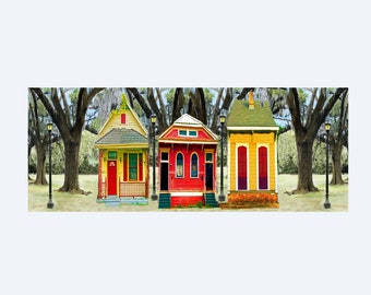 New Orleans architecture, colorful collage print matted and frame ready.  Red, gold shotgun houses in Audubon Park hand painted background