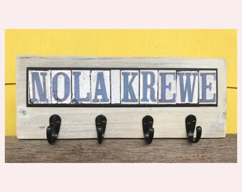 New Orleans Art, Key Hanger, Street Tile Lettering, Custom Functional Art, Four Hook Hanger, Gift under 80, Accessory Hanger,