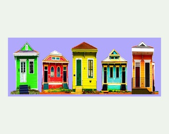 New Orleans Photography, Architectural, Colorful Collage, Matted Print, Frame Ready, Green, Red, Yellow, Blue, Orange, Shotgun Houses