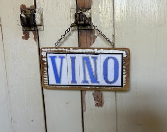 Vino Sign: New Orleans Street Tile Font, Salvage Wood Wine Decor