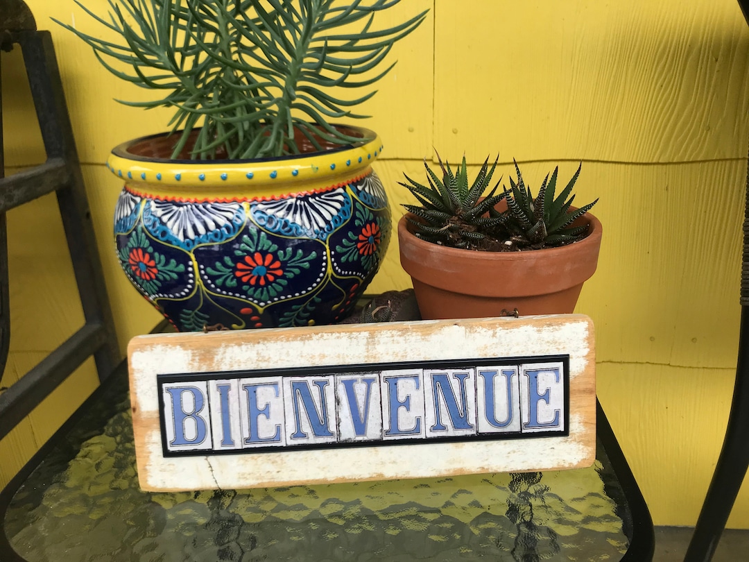 Bienvenue, Louisiana French, Street Tile Font, Salvage Wood Sign, Horizontal, Mixed