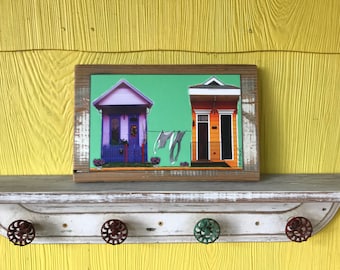 New Orleans Photography, Shotgun Houses, Purple, Orange, Salvage Wood, Clothesline, Mixed Media, Colorful, Architecture, Laundry.