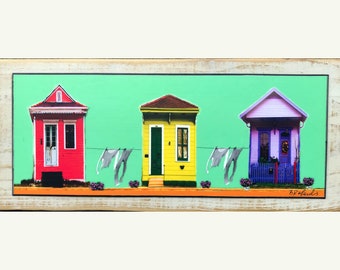 New Orleans photography, shotgun houses, New Orleans architecture, mixed media collage, colorful, yellow, lavendar, clothesline laundry