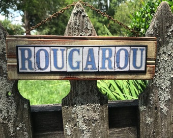 Louisiana Art, Rougarou, New Orleans Street Sign Font,  Swamp Monster, Halloween, Gift Under 40, Recycled Wood, Deck Art