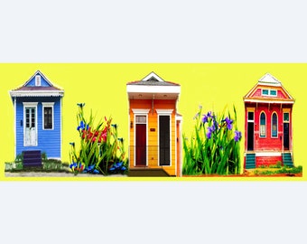 New Orleans architecture, colorful collage print matted and frame ready.  Red, gold blue shotgun houses in yellow background with irises