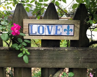 New Orleans street tile letters, wedding gift under 40, salvage wood sign, fleur de lis, love, home accent,