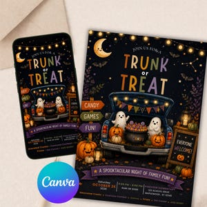 May include: A Trunk or Treat event flyer and mobile phone display featuring a dark night sky, a crescent moon, string lights, and a car trunk filled with candy, pumpkins, and two ghosts. The text reads Join Us For A Trunk Or Treat, Candy, Games, Fun, and Everyone Welcome.