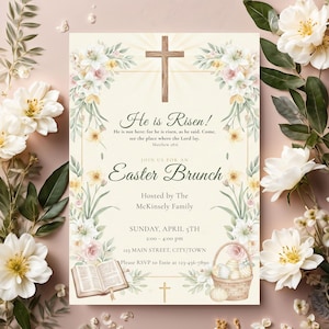 Easter Brunch Party Invitation, Editable He is Risen Cross Bible Invite Template
