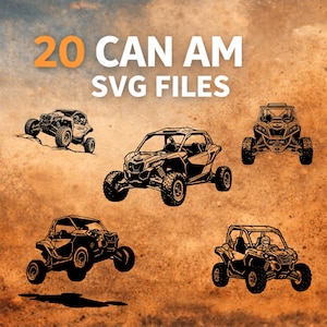 Puede incluir: Imagen que presenta cinco archivos SVG negros de vehículos todoterreno Can-Am. El texto "20 CAN AM SVG FILES" se muestra en naranja y blanco. Los vehículos se representan en varias poses, mostrando su diseño.