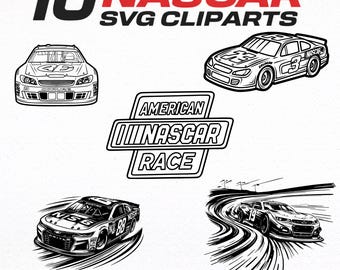 May include: Black and white SVG clipart set featuring 10 NASCAR designs. Includes illustrations of race cars, the text "NASCAR SVG CLIPARTS", and the words "AMERICAN NASCAR RACE" in a rectangular frame.