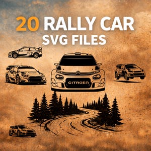 May include: An illustration featuring five rally car designs in black against a textured, brown background. The text "20 RALLY CAR SVG FILES" is displayed at the top. A winding road and trees are at the bottom.