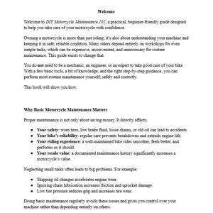 May include: A white page from a book titled "DIY Motorcycle Maintenance 101." The text includes an introduction, welcome message, and sections on motorcycle maintenance. The text is black and the background is white.