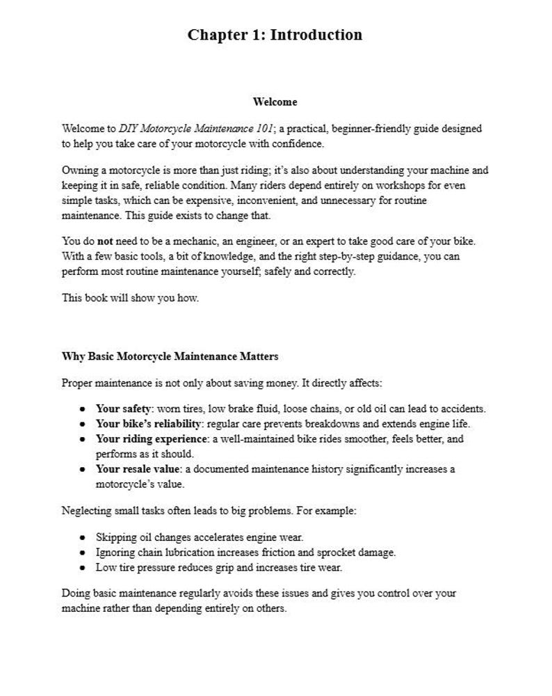 May include: A white page from a book titled "DIY Motorcycle Maintenance 101." The text includes an introduction, welcome message, and sections on motorcycle maintenance. The text is black and the background is white.