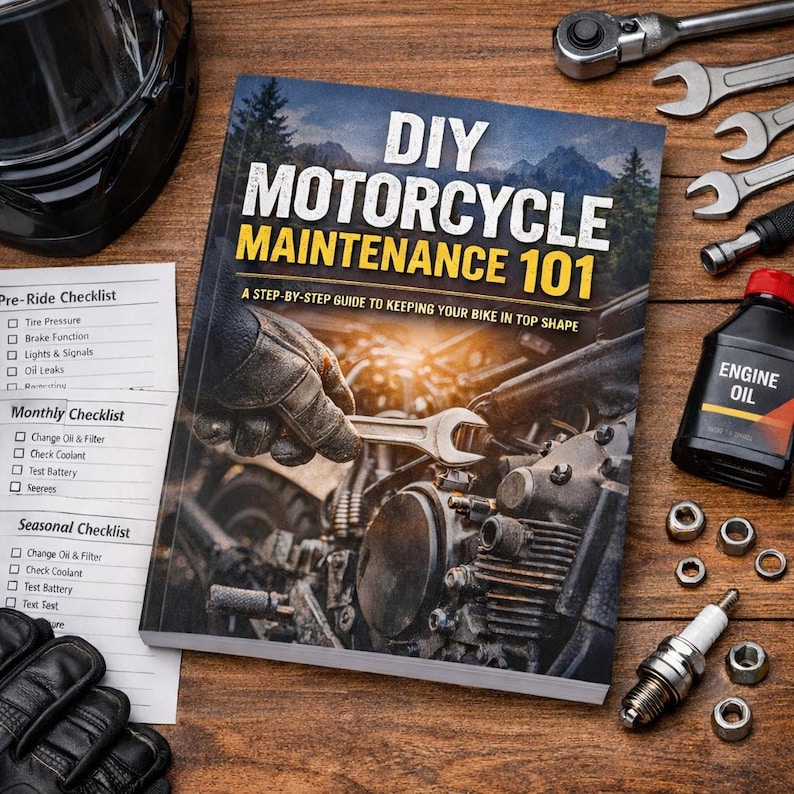 May include: A DIY Motorcycle Maintenance 101 book with a step-by-step guide, surrounded by tools, engine oil, and a pre-ride checklist. The book cover features a mechanic working on a motorcycle engine. A black helmet and gloves are also visible.