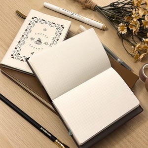 Peut inclure: Un carnet ouvert avec du papier quadrillé est posé sur une pile d'autres carnets. Le carnet supérieur présente un motif sur le thème du café. Un crayon noir, un stylo blanc et du ruban adhésif décoratif sont également visibles, suggérant un thème de papeterie.
