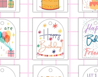 Juego de etiquetas de regalo de cumpleaños. Etiquetas de regalo imprimibles para niños, baby shower, recuerdos de fiesta, celebraciones.