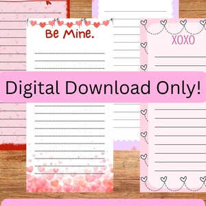 Könnte beinhalten: Eine Sammlung von Notizblöcken mit verschiedenen Designs, darunter "Love notes", "To Do" und "Be Mine". Die Notizblöcke sind in Rosa- und Rottönen gehalten und mit Herzmotiven versehen. Der Text "Digital Download Only!" ist zu sehen. Die Notizblöcke sind 7.6 x 15.2 cm, US Letter-Format.