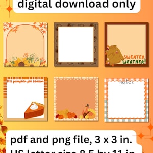 以下が含まれることがあります： 6つの正方形のデザインが施されたデジタルダウンロード。デザインには、カボチャ、セーター、パイのスライスなど、秋をテーマにしたものが含まれています。テキストには「digital download only」、「Sweater Weather!」、「It's pumpkin pie season」、「notes」が含まれています。ファイルサイズは7.62 cm x 7.62 cmです。