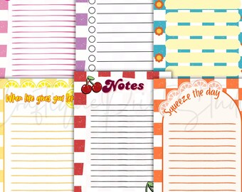 Bloc de notas imprimible inspirado en frutas geniales / Notas de frutas vintage / Lista de compras linda / Decoración de cocina retro / Página de diario con líneas coloridas