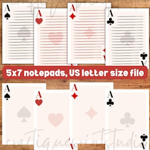 May include: A set of notepads with ace card designs in black, red, and grey. The notepads are 12.7 x 17.8 cm and include the text "5x7 notepads, US letter size file". The design includes spades, hearts, diamonds, and clubs.