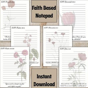 Christian Notepad Printable, Encouraging Bible Verses, God's Plan for us, Floral Faith Based Lined Pages