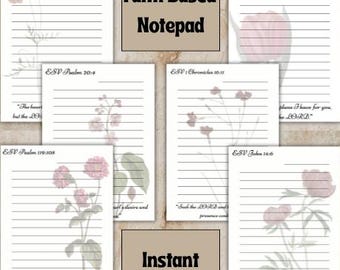 Bloc de notas cristiano imprimible, versículos bíblicos alentadores, el plan de Dios para nosotros, páginas rayadas con motivos florales basados en la fe.