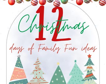 Tarjetas imprimibles de 7,6 x 7,6 cm con ideas divertidas para los 12 días de Navidad en familia.