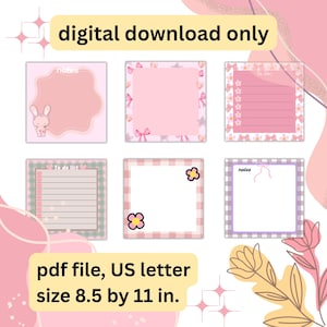 Puede incluir: Una descarga digital con seis plantillas imprimibles en rosa y blanco para notas y listas de tareas. Las plantillas incluyen diseños florales, lazos y conejitos. El tamaño del archivo es de 21,59 cm por 27,94 cm.