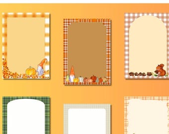 Bloc de notas a cuadros de otoño, descarga digital, animales del bosque, gnomos, hongos, calabazas, criaturas