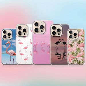 May include: Five phone cases with flamingo designs. The cases feature various flamingo illustrations, including a single flamingo in front of a blue sky, pink flamingos on a white background, and silhouettes of flamingos in water.