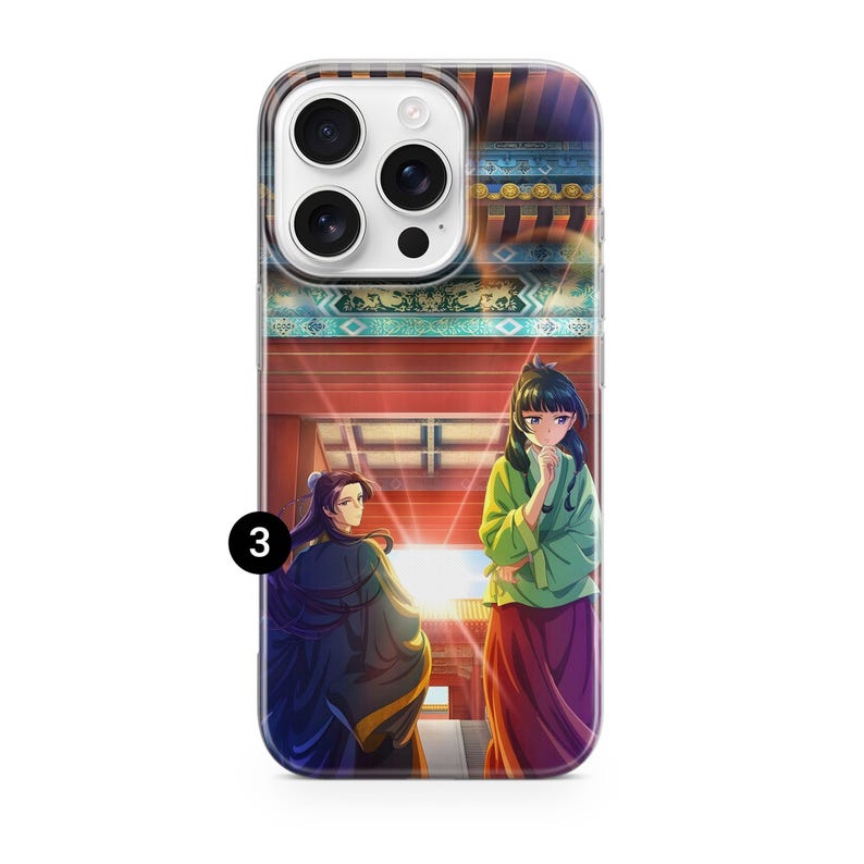 May include: Clear phone case featuring an anime-style illustration of two figures in traditional clothing. The artwork depicts a scene with a red and gold architectural background, with the figures in green and purple attire.
