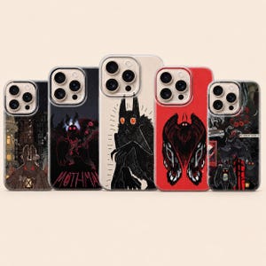 Może przedstawiać: Pięć etui na telefon z unikalnymi ilustracjami. Etui mają różne wzory, w tym czarne stworzenie z czerwonymi oczami, skrzydlate stworzenie i krajobraz miejski. Etui są w kolorach czarnym, czerwonym i kremowym.