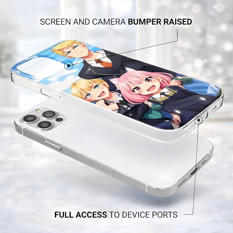 May include: Clear phone case featuring a colorful anime-style illustration of three characters. The case has a raised screen and camera bumper and allows full access to device ports. The case is shown on a silver phone.