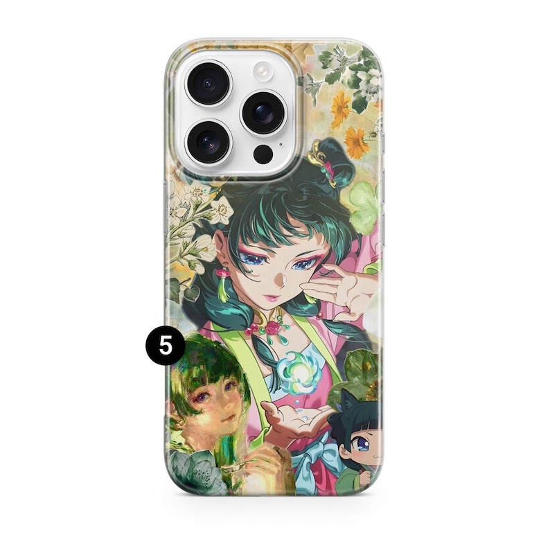May include: A clear phone case featuring a colorful anime-style illustration. The artwork depicts a woman with teal hair and a pink and green outfit, surrounded by floral elements. The case has a glossy finish.